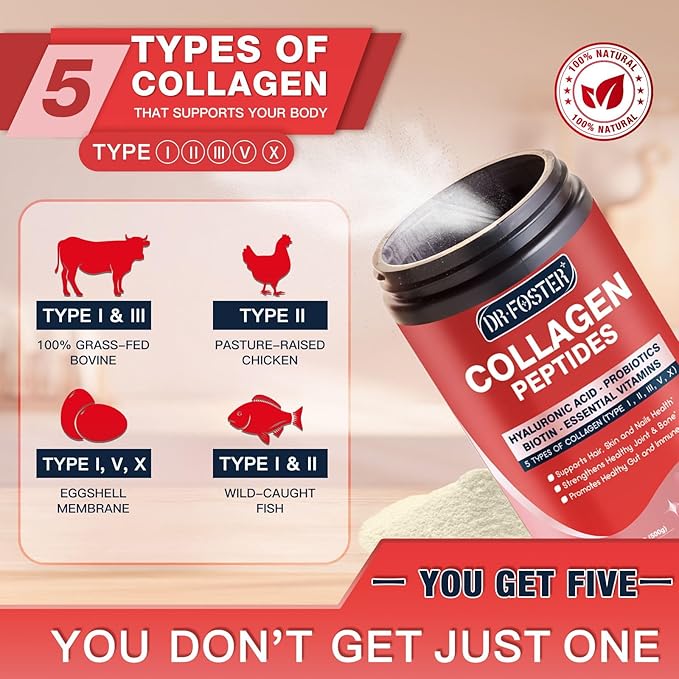 DRFOSTER Multi-Collagen-Peptide-Powder with Probiotics, 50 Servings of Hydrolyzed Collagen Peptides with Hyaluronic Acid, Biotin & Multivitamins - Supports Skin, Hair, Nails Health