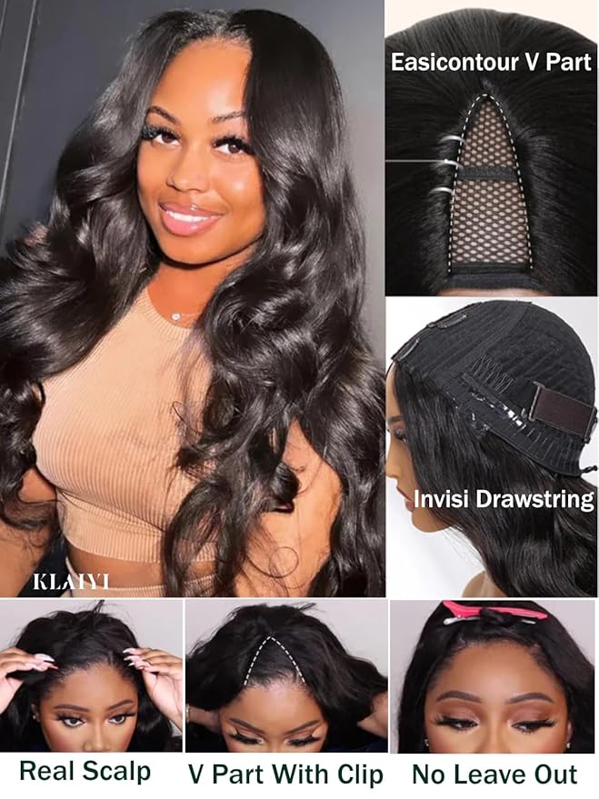 KLAIYI EasiContour V Part Wig Human Hair Body Wave Glueless Upgrade U Part Wig No Leave Out No Gel Clip in Half Wig V Shape Pull and Go Beginner Friendly Ready to Wear Natural Black Color 150% 24Inch