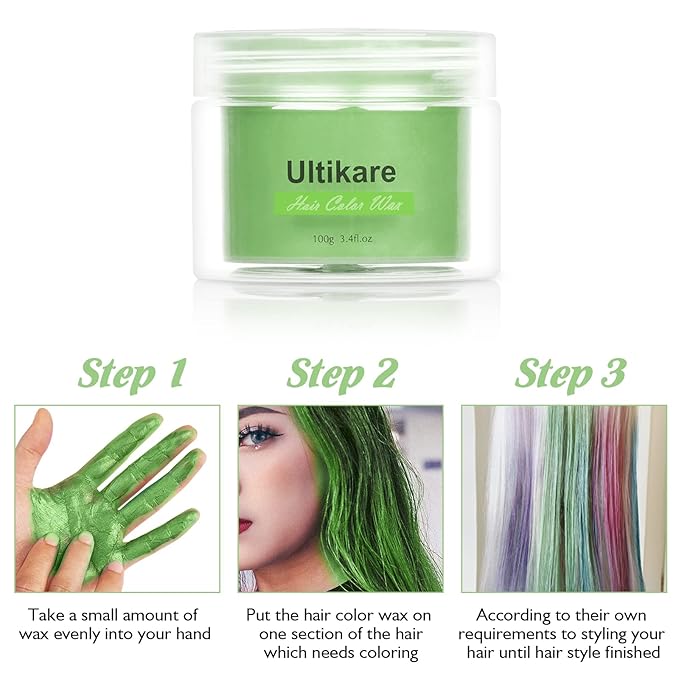 Green Hair Dye Wax, Ultikare Temporary Hair Color for Kids 3.4 Fl Oz Washable Natural Hair Wax Color Dye Mud Cream DIY Hairstyle Clay For Halloween, Cosplay, Party, Christmas Gift Boys