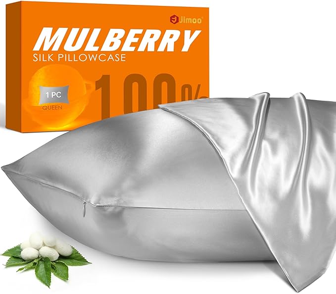100% Mulberry Silk Pillowcase for Hair and Skin, 22 Momme Pure Natural Silk Pillow Case Both Sided with Zipper, Pillow Cover for Women Mom Men (Silver Grey, King 20''×36'', 1 Pack)