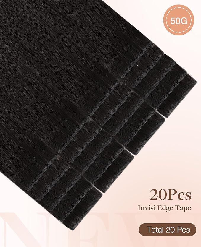 GOO GOO Invisi Edge Tape in Hair Extensions Human Hair, 1B Natural black 20pcs 10inch 30g, Virgin Remy Hair, Seamless Injected Tape, Natural Look