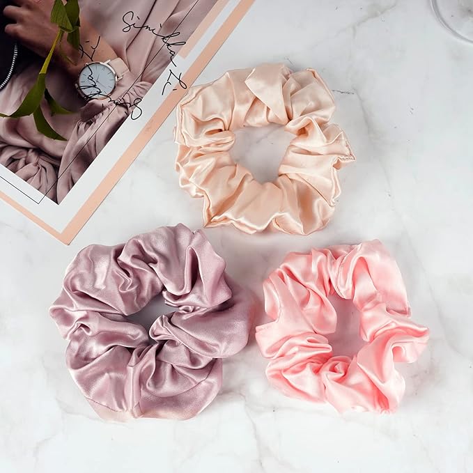 OLESILK 100% Mulberry Silk-Scrunchies for Hair Sleep, Women Grils Silk Hair Ties for Frizz & Breakage Curly Hair, No Damage, Elastics Ponytail Holder, 3 Pack
