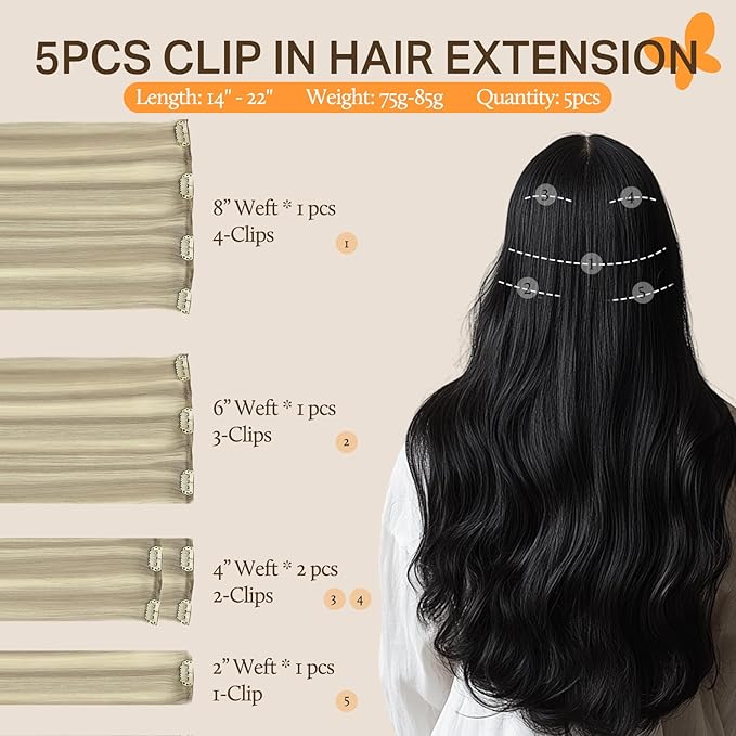 DOORES Hair Extensions Real Human Hair, 5pcs 80g Ash Blonde Highlighted Platinum Blonde 18 Inch, Clip in Hair Extensions Remy Silky Straight Hair Weft Clip ins