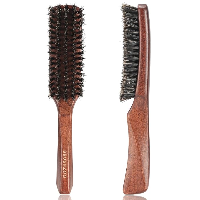 BRUSHZOO Hair Brush, Boar Bristle Hair Brush for Women Men Short Thin Fine Hair, Beech Handle Hairbrush for Hair Detangle Smooth