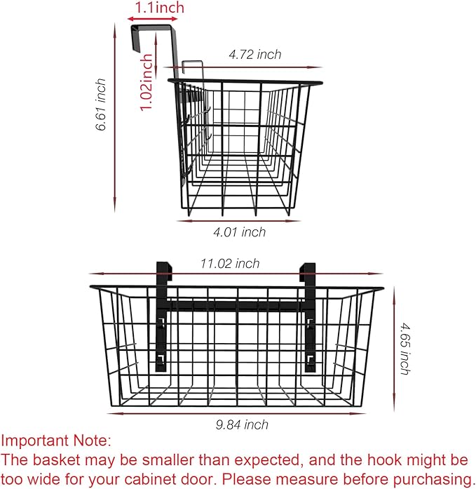 MaraFansie Basket with Hook, Grid Storage Basket, Over the Cabinet Door Organizer, Wire Hanging Basket with Hook Over the Railing, Under Sink Kitchen Cabinet, Pantry, Bathroom, Black, 2 Pack