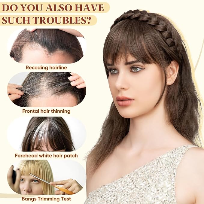 SARLA Braided Headband with 3 Detachable Clip in Bangs Fringe Hairpieces Fake Synthetic Hair Band Bangs for Women Dark Grey