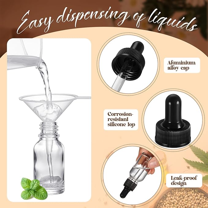 Lallisa 100 Pack Essential Oil Dropper Bottle 15 ml (1/2 Oz) Glass Dropper Bottles DIY for DIY Essential Oil Perfume with 5 Funnels 5 Pipettes 3ml 100 Labels for Bathrooms, Hotels, Labs (Clear)