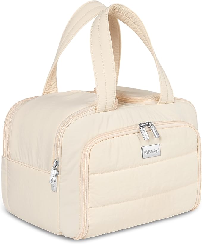 TOPDesign Travel Toiletry Bag for Women, Puffer Large Toiletry Bag, Lightweight Cosmetic Makeup Organizer with Handle for Traveling, Accessories, Essentials, Toiletries (Beige)