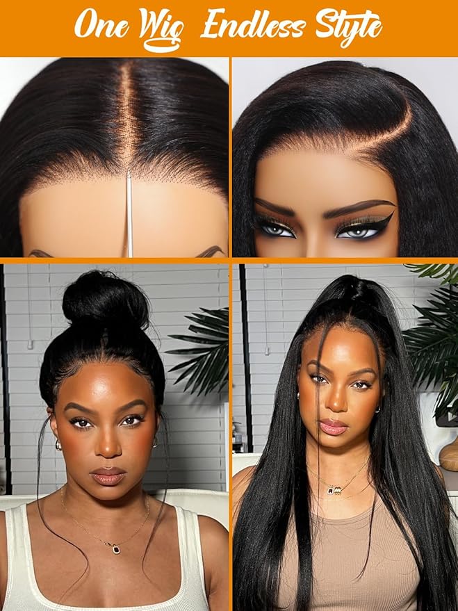 Julia Hair No Slip Yaki Straight 7x5 Lace Closure Glueless Drawstring Wig Flexible Mesh Cap Bye-Bye Slip Pre Cut HD Lace Front Pre Everything Bleached Knots Wear and Go Wig,Zero Slip Hold 22 Inch