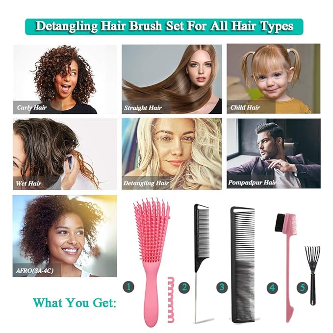 EZ Detangler Brush with Edge Brush, Rat Tail Combs Set for Natural, Curly, Wet/Dry, Black Hair, Flex Detangling Brush set for Hair Style and Cuting, No Pain and Easy Clean in Daily Use（Pink + Black)