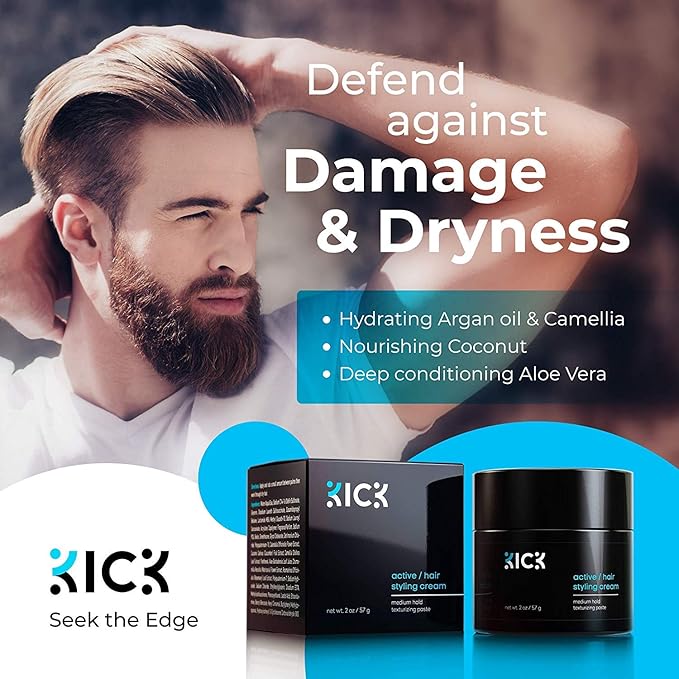 Kick Men's Medium Hold Hair Cream - Non Greasy, Thickening, Damage Control, Anti-Greying, Hydrating - 2 Oz