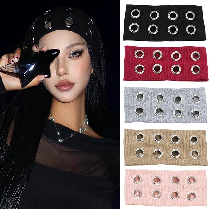 papasgix Grommet Headband for Women, Y2K Elastic Headband Wide Black Hair Band with Holes Metal Rock Style 2000s Hair Accessories (1, Camel)