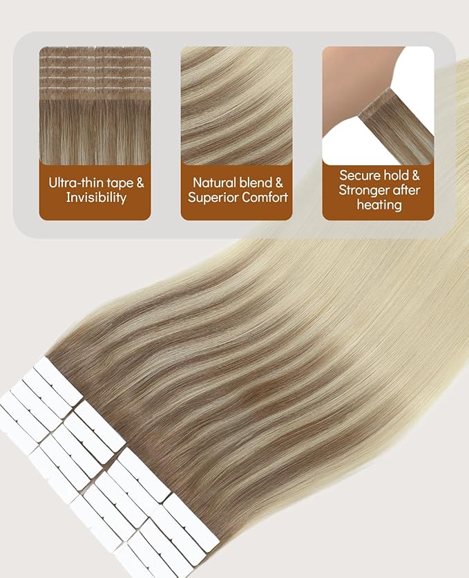 VINBAO Invisi Edge Tape in Hair Extensions Human Hair, Balayage Ombre Ash Brown to Platinum Blonde 40g 20pcs Seamless Injected Tape Ins Hair Extensions Natural Look 14inch #8T60
