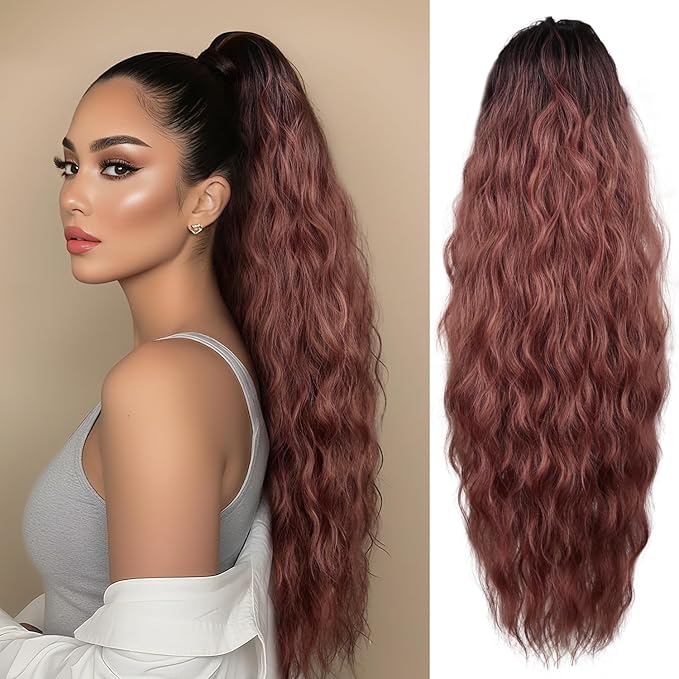 LEEONS 26 inch Drawstring ponytail Extension, Long Wavy pony tails hair extensions for Women - Synthetic Hairpiece Ponytail for Daily Use (Omber Black to Dark Pink)