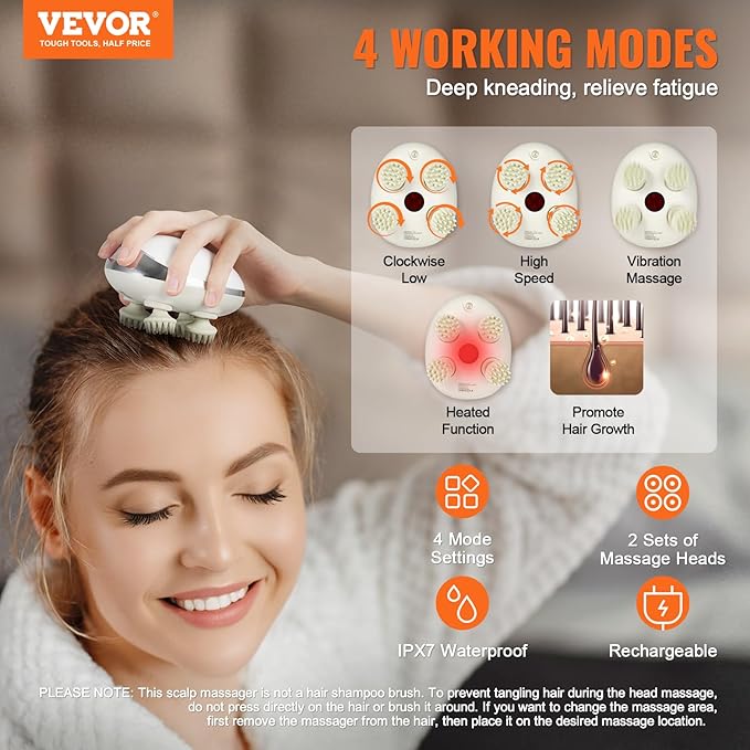 VEVOR Electric Scalp Massager with Heat, Rechargeable Heated Head Massager, IPX7 Waterproof | Portable Kneading Scalp Scratcher with 8 Removable Massage Head for Hair Growth, Deep Clean, Stress Relax