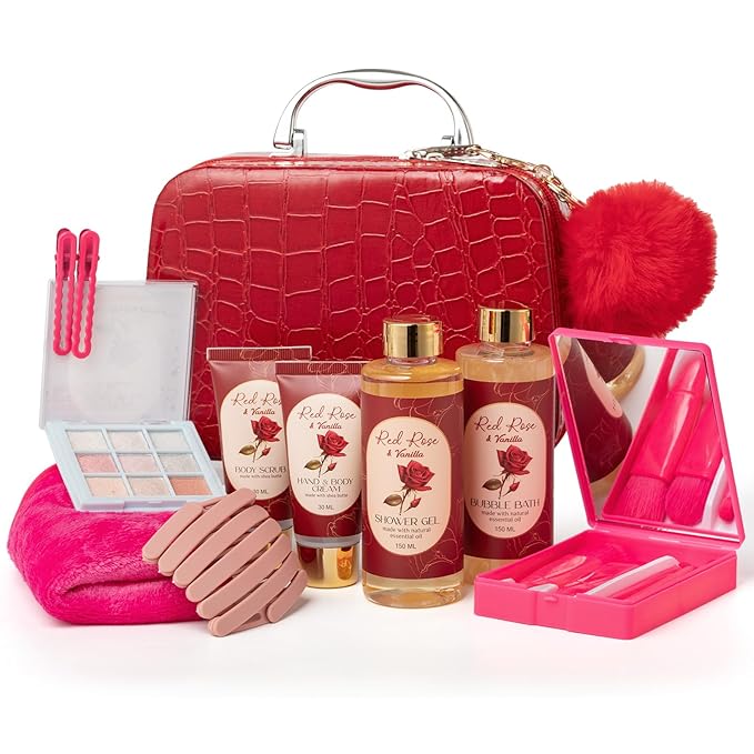 Birthday Gifts for Women Teens Girls, Spa Gift Set, Christmas Gifts for Women, 12 Pcs Rose Vanilla Bath Set, Self Care gifts Bag Makeup Cosmetic Bag, Spa Kit for Teenage Gifts, Daughter Gift Set