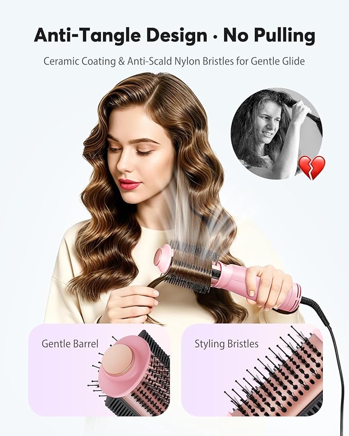 Dual Voltage Travel Blow Dryer Brush, Mini Hair Dryer Brush with Auto 100–240V, EU/UK Plug Ready, 4-in-1 Compact Hot Air Brush Lightweight, Ionic for Smooth & Voluminous Hair Anywhere