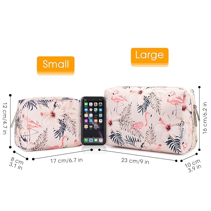 Narwey Small Makeup Bag for Purse Mini Cosmetic Bag Travel Makeup Pouch Zipper Pouch Cute Make up Bags with Compartments for Women Girls (Beige Flamingo, Small)