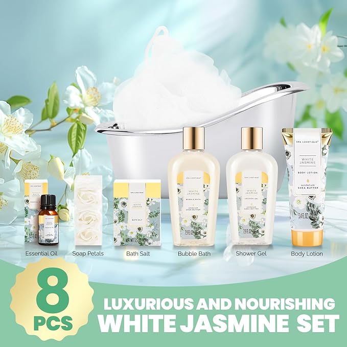 Spa luxetique Bath and Body Gifts for Women 8pcs Jasmine Scented Spa Sets with Bubble Bath Gift Baskets for Women Mother's Day Gifts for Mom