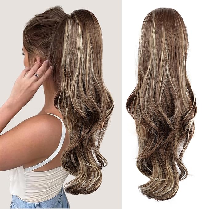 Ponytail Extension, Drawstring Ponytail Extension for Women 26 Inch Long Wavy Brown Pony Tails Hair Extensions Synthetic Clip in Ponytail Hairpiece for Women(Blonde & Medium Brown)
