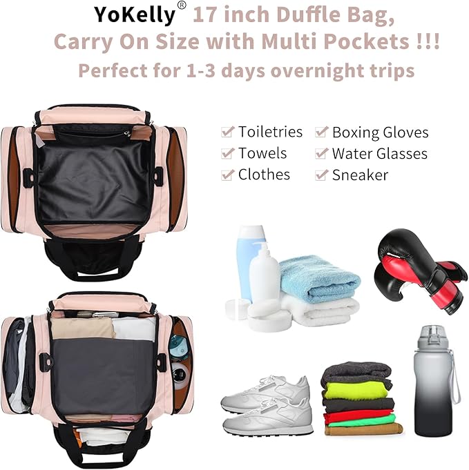 Small Gym Duffle Bag - 17 inch Carry On Weekender Bag for Travel Sport (17x10x9 in) - Pink