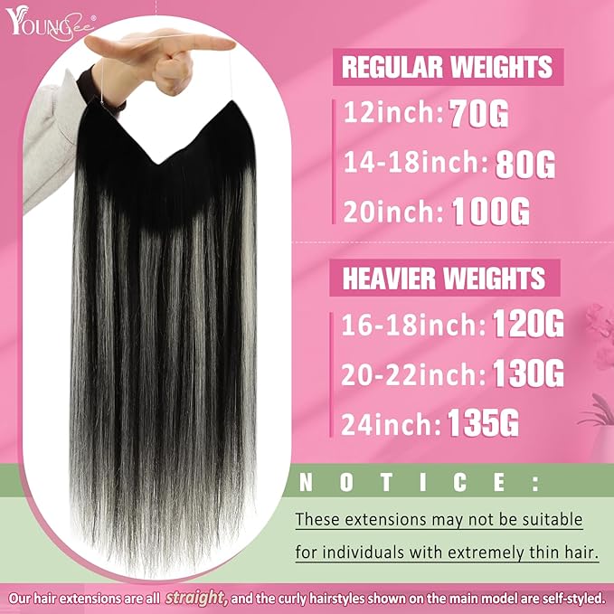YoungSee Wire Hair Extensions Human Hair Black Balayage Human Hair Wire Extensions Black Ombre Silver Balayage Fish Line Extensions Long Straight Hair 20In 100G