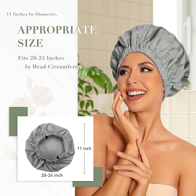 Reusable Shower Cap for Women, Large Waterproof Shower Essentials Bonnet Washable Elastic Band Bath Hair Wrap Hat for Long Hair, Braids(Dark Grey)