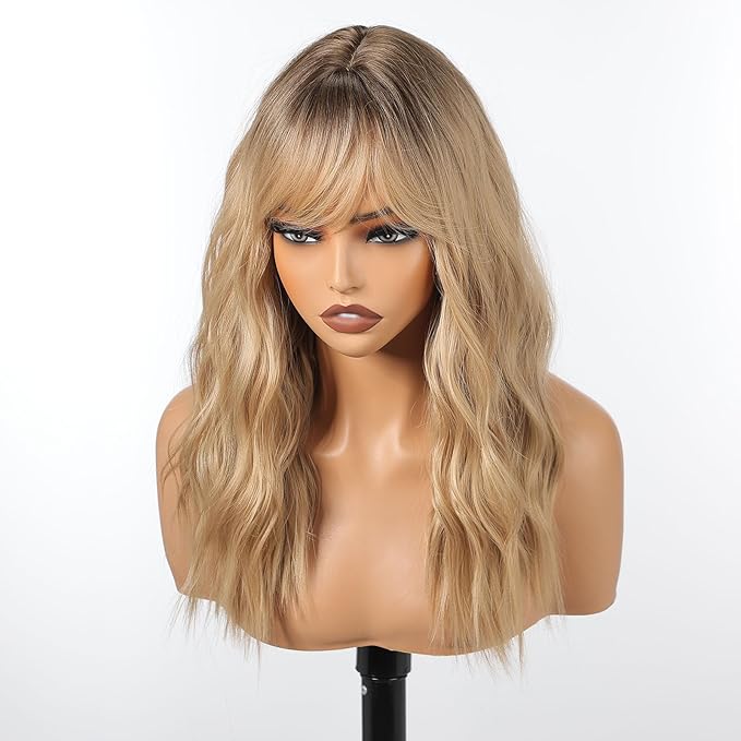 Blonde Wig with Bangs,Ombre Blonde Wavy Wigs for Women,Shoulder Length Curly Synthetic Hair Wig for Party Daily Use 18IN