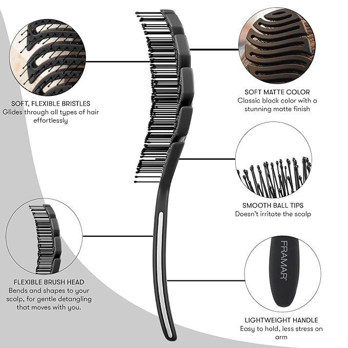 FRAMAR Vented Hair Brush For Women – Flex Brush, Wet Hair Brush Detangler, Wet Hairbrush For Women, Detangle Brush, Brushes For Hair, Hairbrushes – Vented Design For Faster Drying Time - Black