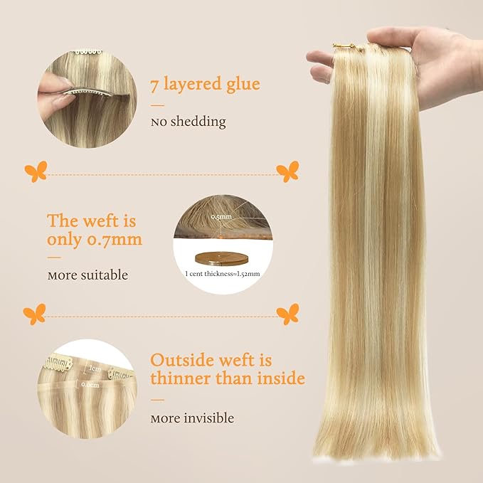 DOORES Seamless Clip in Hair Extensions, Dark Blonde Highlighted Bleach Blonde 16 Inch 130g 7pcs, Virgin Straight Human Hair Extensions for Women