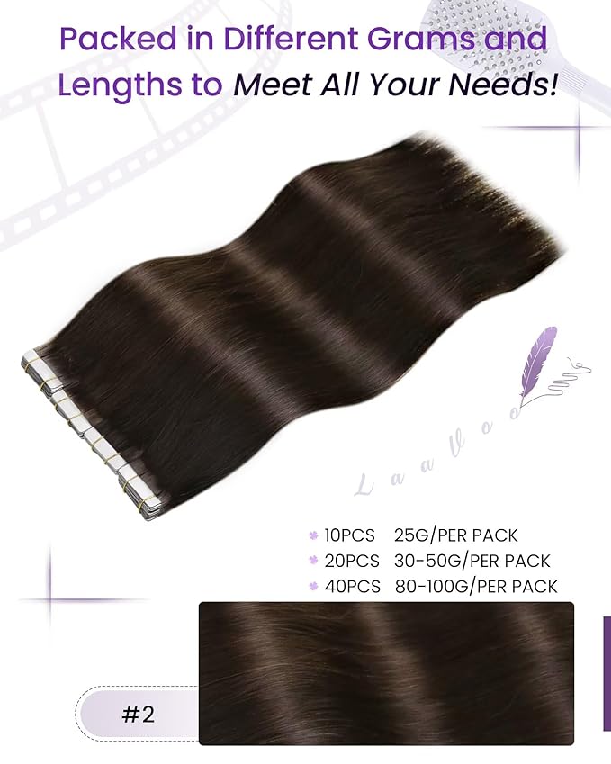 LaaVoo Human Hair Tape in Extensions Darkest Brown Tape in Hair Extensions Real Hair Tape on Hair Extensions Human Hair for Women Seamless 20inch 40pcs 100g