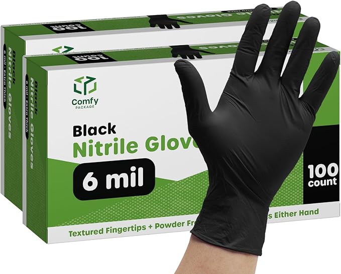 Comfy Package Black Nitrile HEAVY DUTY 6 Mil. Chemical Resistance, Latex & Powder Free, Textured Fingertips Disposable Gloves