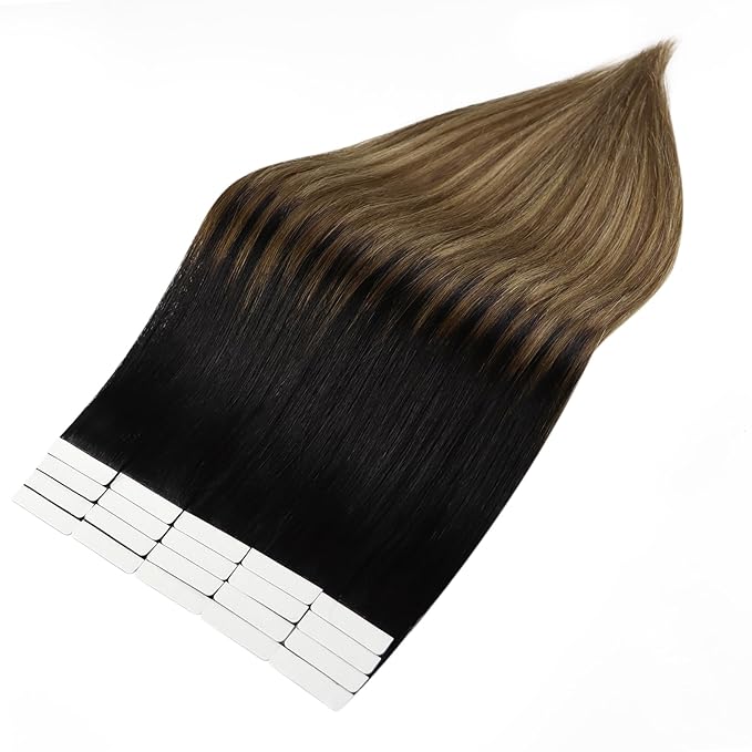 Full Shine Tape in Hair Extensions Seamless Hair Extensions Real Human Hair Off Black Fading to Chestnut Brown and Honey Blonde 18 Inch 20 Pcs 50g Invisible for Thin Hair Wedding