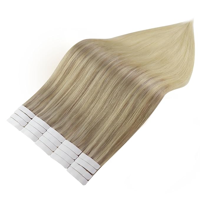 Full Shine Balayage Tape in Extensions Real Human Hair 16Inch 18 Ash Blonde Fading to 22 Light Blonde Highlights 60 Seamless Tape in Hair Extensions Seamless Invisible Skin Weft Remy Hair 50G 20Pcs