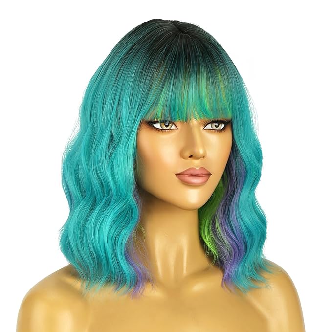 BERON 14 Inches Turquoise Wig Short Curly Wig Ombre Green Curly Wigs Short Teal Green Wigs with Bangs for Women Daily Party Cosplay Hairnet Include