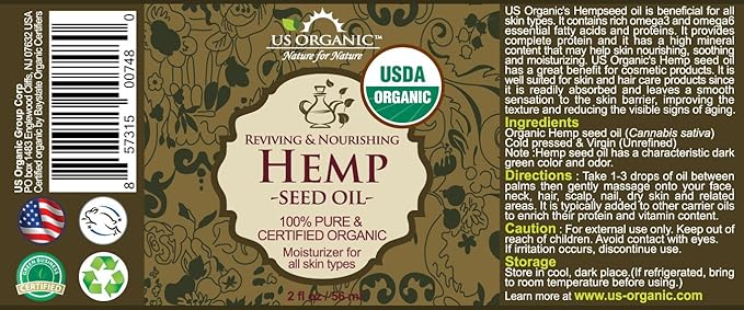 US Organic Hemp Seed Oil, Certified Organic, Pure & Natural, Cold Pressed Virgin, Unrefined, Amber Glass Bottle with Glass Eye Dropper for Easy Application (2 oz (56 ml))