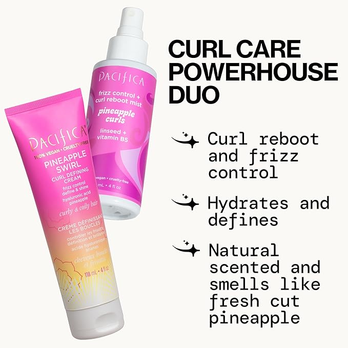 Pacifica Beauty Pineapple Curls Curl Cream & Refresher Mist Set for Curly & Coily Hair – Defining Cream + Day 2 Curl Refresh Spray, Enhances Definition, Tames Frizz, Vegan & Cruelty-Free
