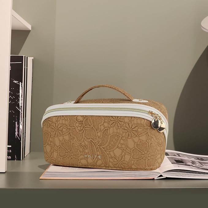 Prite Travel Cosmetic Bag Makeup Organizer Bag For Women Large Capacity Waterproof PU Leather Toiletry Bag with Handle and Clear Divider(Brown Flower)