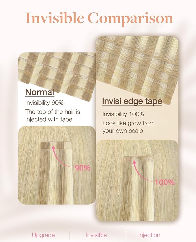 GOO GOO Invisi Edge Tape in Hair Extensions Human Hair, 18A/613A Dark Blonde Highlighted Bleach Blonde 20pcs injected with 20pcs classical tape ins, 14inch 100g, Virgin Remy Hair, Natural Look