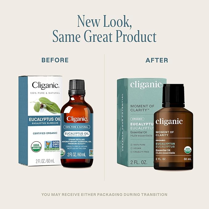 Cliganic Organic Eucalyptus Essential Oil - 100% Pure Natural for Aromatherapy Diffuser | Non-GMO Verified (Packaging May Vary)