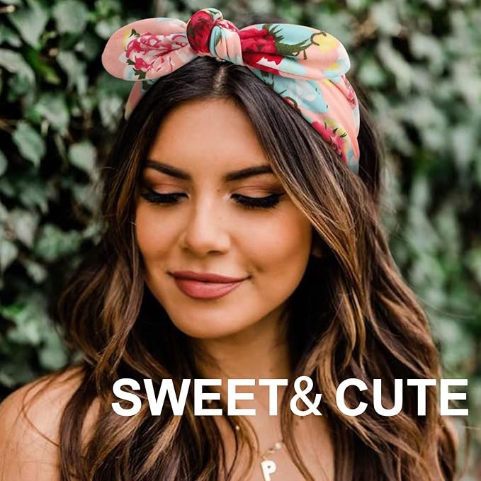 DRESHOW 8 Pack Adjustable Knotted Headbands Cotton Elastic Non Slip Hair Bands Floral Yoga Headbands for Women and Girls
