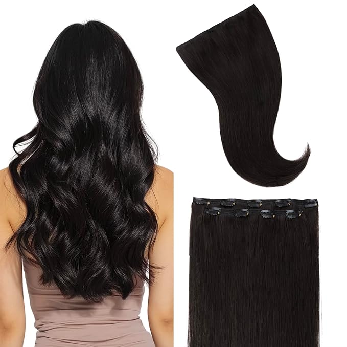 GOO GOO Clip in Hair Extensions Real Human Hair, Remy Human Hair Extensions Clip ins for Women, Natural Human Hair, 20inch 80g 2Pcs, #1B Natural Black