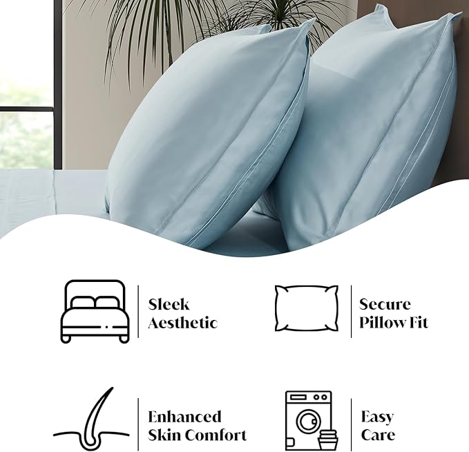 Luxury Bamboo Market | Queen Envelope Pillowcase Set | 100% Viscose Made from Bamboo | Organically Grown | Ultra Soft | Cooling | 2pcs [Spa Blue]