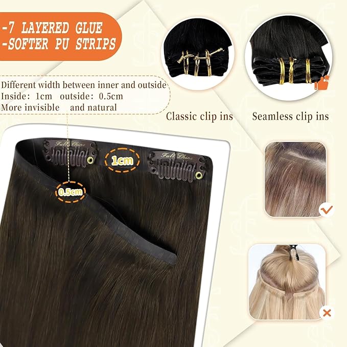 Full Shine Clip in Hair Extensions 20 inch 150g 8Pcs Seamless Clip ins Human Hair Dark Brown Remy Hair Clip ins for Women PU Skin Weft
