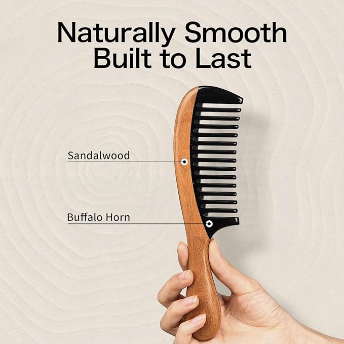 Onedor Buffalo Horn Handmade 100% Natural Green Sandalwood Hair Comb - Anti-Static Sandalwood Scent Natural Hair Detangler Wooden Comb (Wide Tooth)