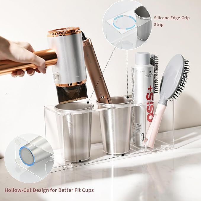Hair Tool Organizer, Acrylic Hot Tools Organizer with 2 Stainless Steel Cups, Hair Tool Holder Wall Mount & Countertop for Dryer, Curling Iron & Brushes for Bathroom Vanity CHOCHOYAH