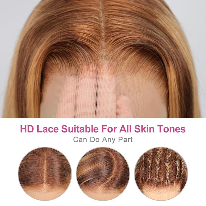 210% Density 13x6 Highlight Ombre Full Lace Frontal Wigs Human Hair 12A Body Wave Brazilian Human Hair Pre Plucked 4/27 Honey Blonde HD Glueless Transparent Lace with Baby Hair 18 Inch