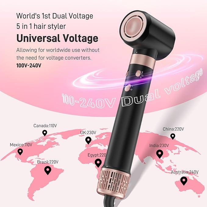Dual Voltage Hot Air Styler Wrap - 5 in 1 Hair Dryer Brush with Fast Drying Blow Dryer, Styling, Straightening & Volumizing with Travel Bag (100V–240V) Gift for Women (Black + Pink)