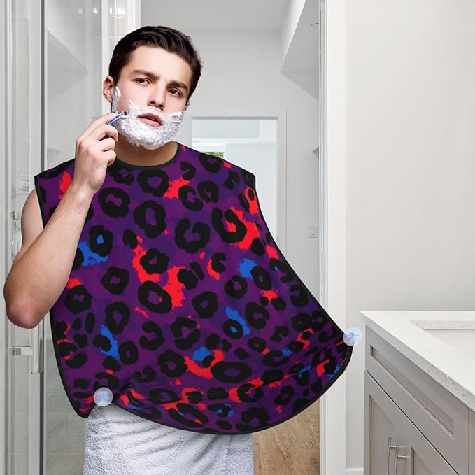 Beard Bib with 3 Suction Cups, Non-Stick Waterproof Hair Catcher Apron, Men's Shaving Essential for Grooming, Trippy Red Pink Purple Blue Cheetah Leopard Print Shave Bib