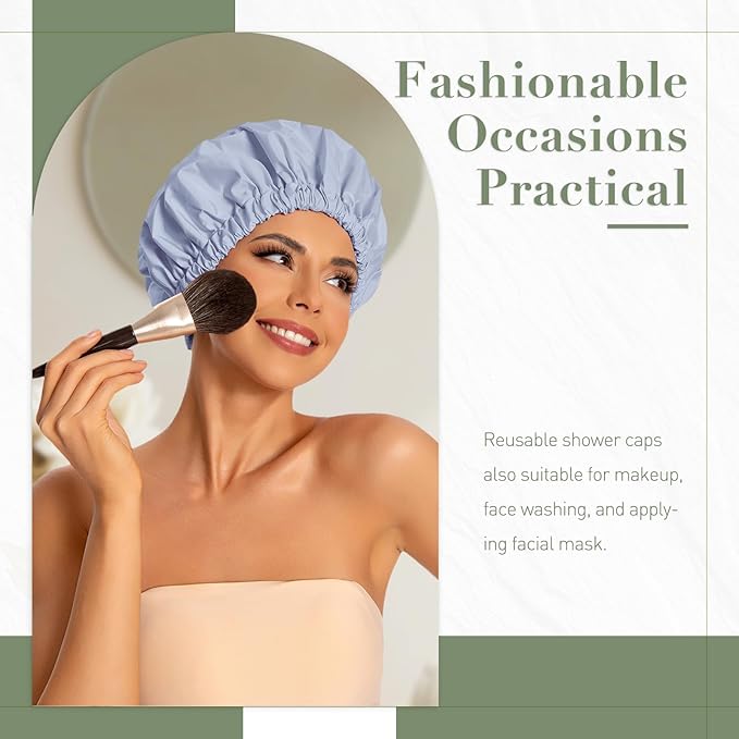 Reusable Shower Cap for Women, Large Waterproof Shower Bonnet Washable Elastic Band Bath Accessories Hair Hat for Long Hair, Braids(Black&Gray)
